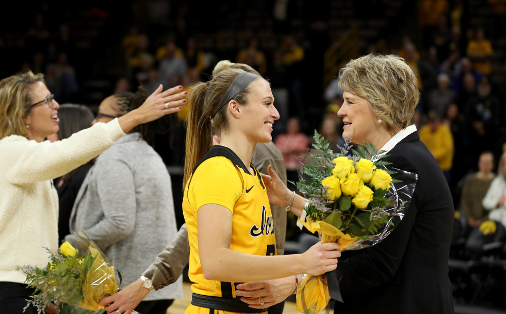 Iowa Hawkeyes guard Makenzie Meyer (3) during senior day activities following their win over the Minnesota Golden Gophers Thursday, February 27, 2020 at Carver-Hawkeye Arena. (Brian Ray/hawkeyesports.com)