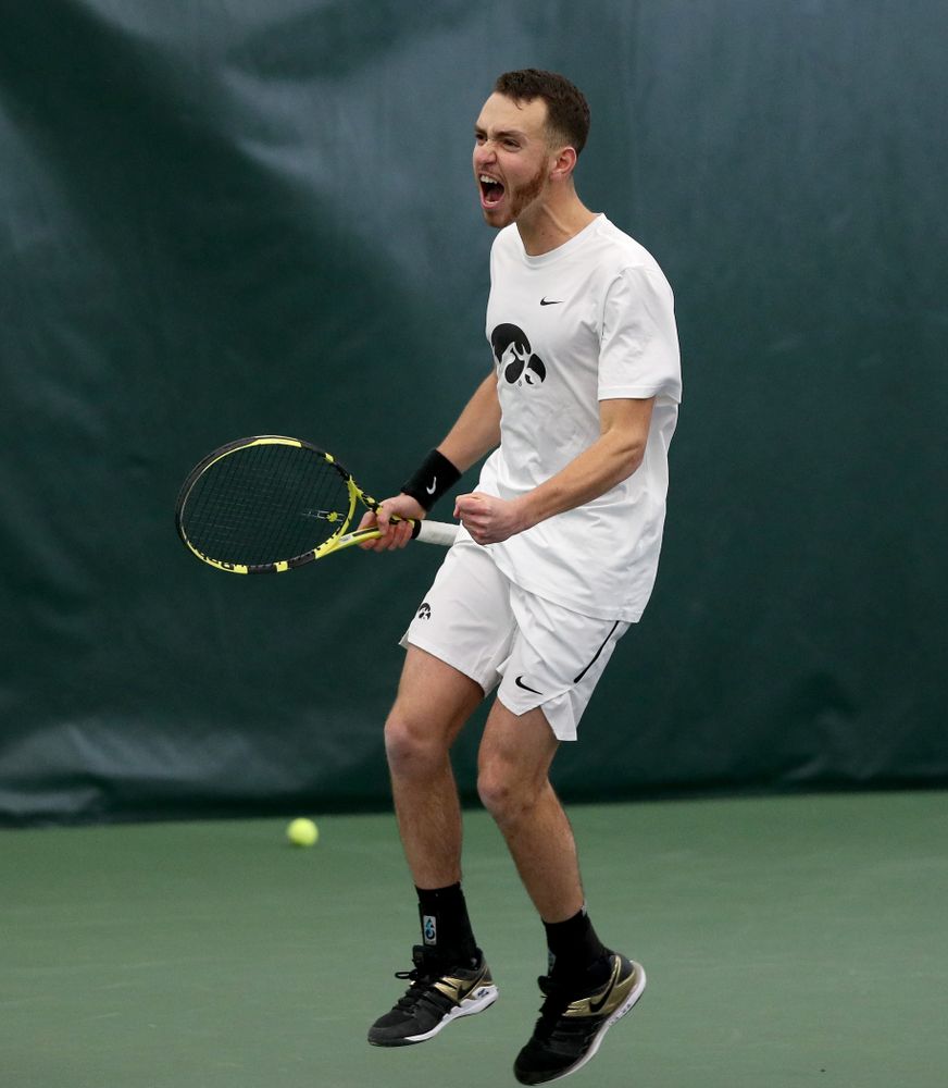 Iowa’s Karem Allaf and Nikita Snezhko play a doubles match against Cornell Sunday, March 8, 2020 at the Hawkeye Tennis and Recreation Center. (Brian Ray/hawkeyesports.com)