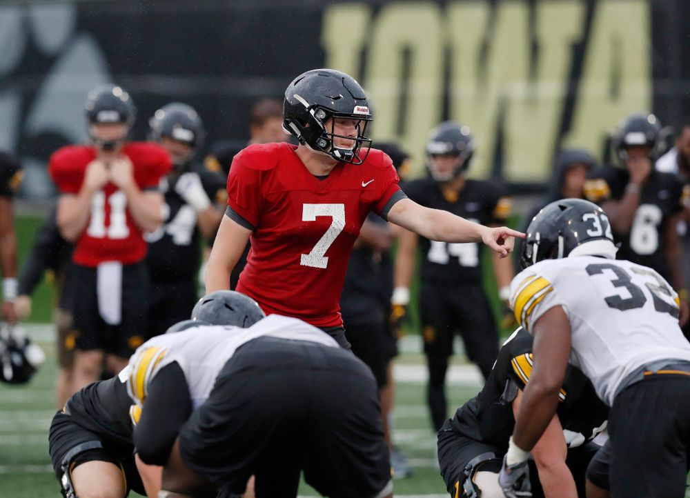 Iowa Hawkeyes quarterback Spencer Petras (7) during camp practice No. 15 Monday, August 20, 2018 at the Hansen Football Performance Center. (Brian Ray/hawkeyesports.com)