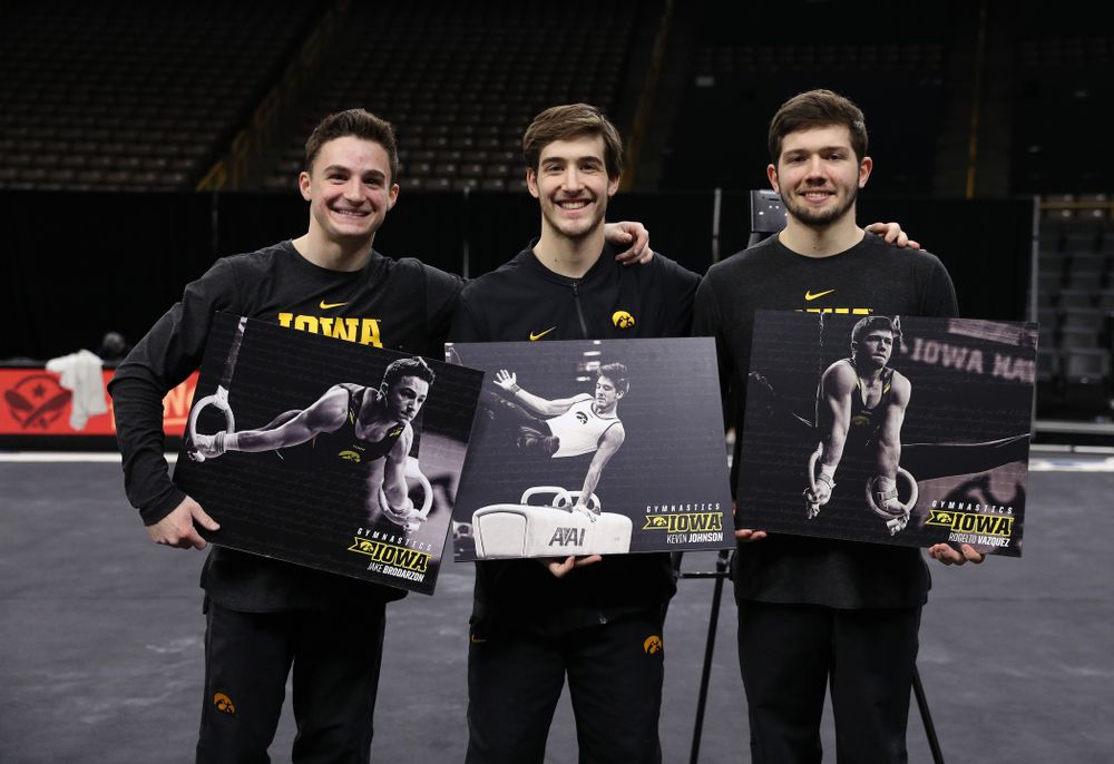 Iowa Men's Gymnastics seniors Jake Brodarzon, Kevin Johnson, and Rogelio Vazquez during senior day ceremonies following their meet against the Ohio State Buckeyes Saturday, March 16, 2019 at Carver-Hawkeye Arena. (Brian Ray/hawkeyesports.com)