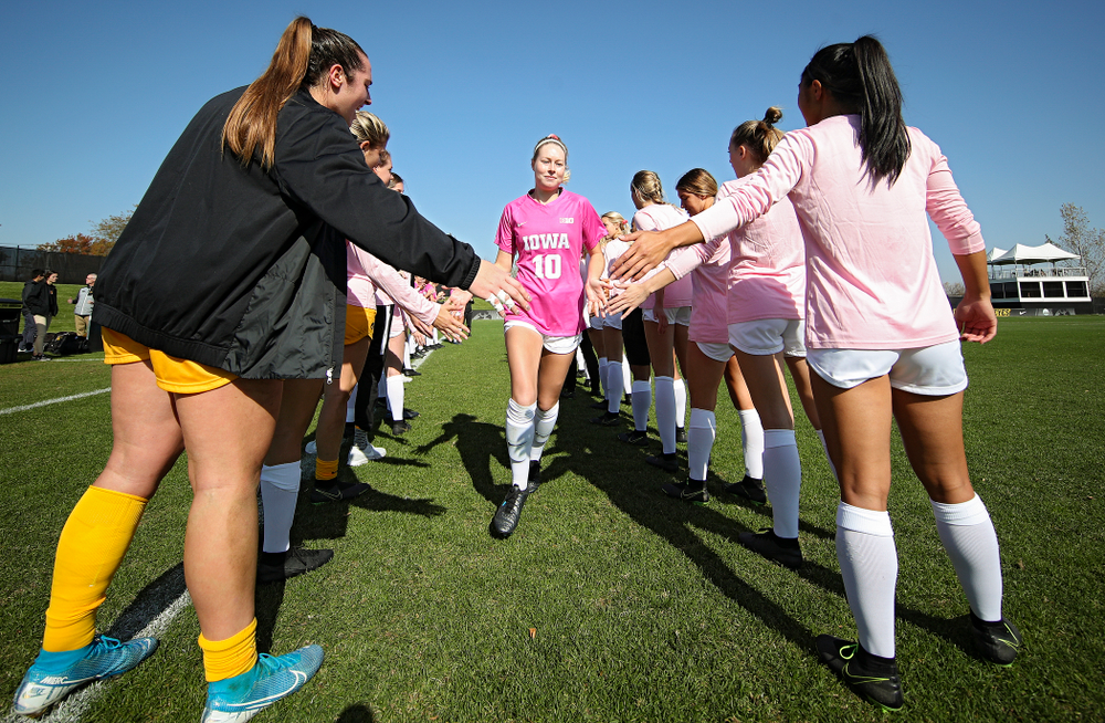 Iowa midfielder/defender Natalie Winters (10) takes the field before their match at the Iowa Soccer Complex in Iowa City on Sunday, Oct 27, 2019. (Stephen Mally/hawkeyesports.com)