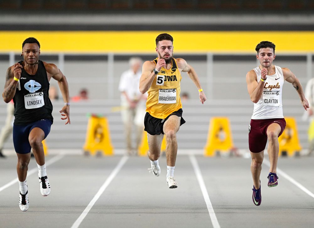 Iowa’s Josh Braverman runs the men’s 60 meter dash event at the Black and Gold Invite at the Recreation Building in Iowa City on Saturday, February 1, 2020. (Stephen Mally/hawkeyesports.com)