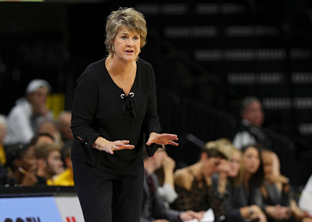 Iowa head coach Lisa Bluder directs her team during the second quarter of their overtime win against Princeton at Carver-Hawkeye Arena in Iowa City on Wednesday, Nov 20, 2019. (Stephen Mally/hawkeyesports.com)