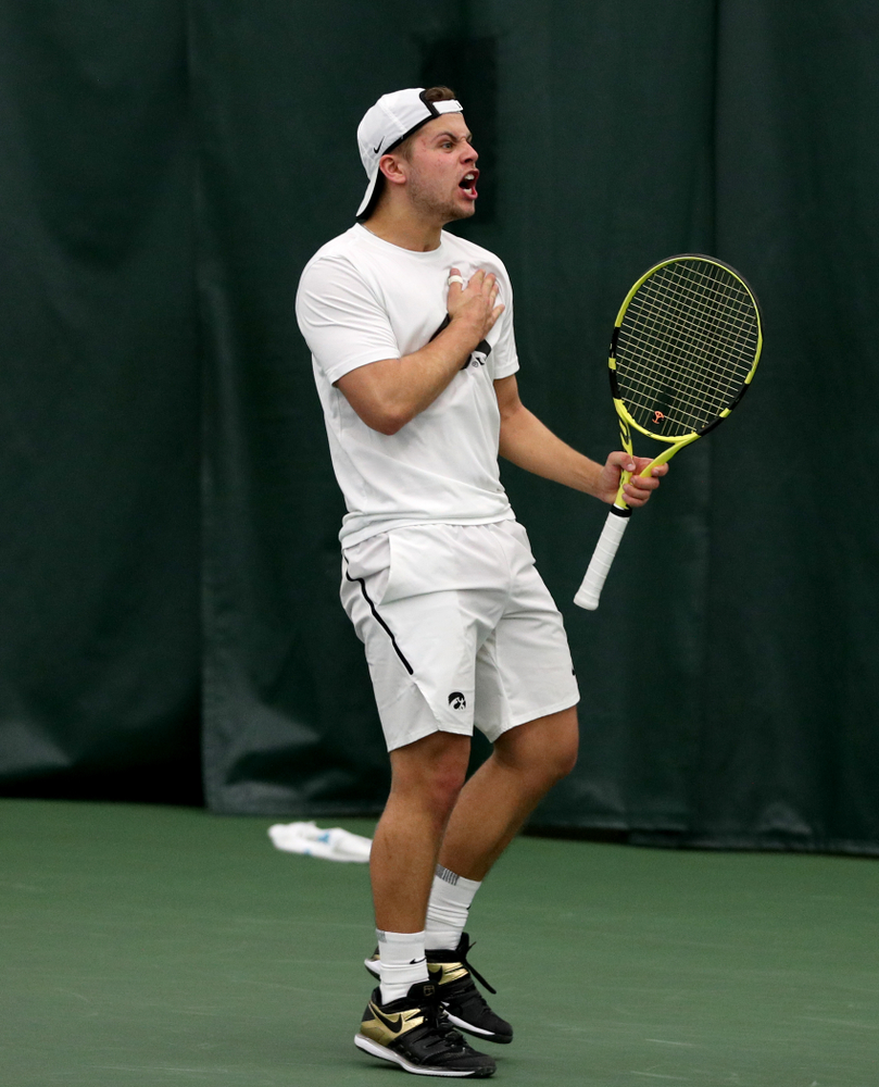 Iowa’s Will Davies against Cornell Sunday, March 8, 2020 at the Hawkeye Tennis and Recreation Center. (Brian Ray/hawkeyesports.com)