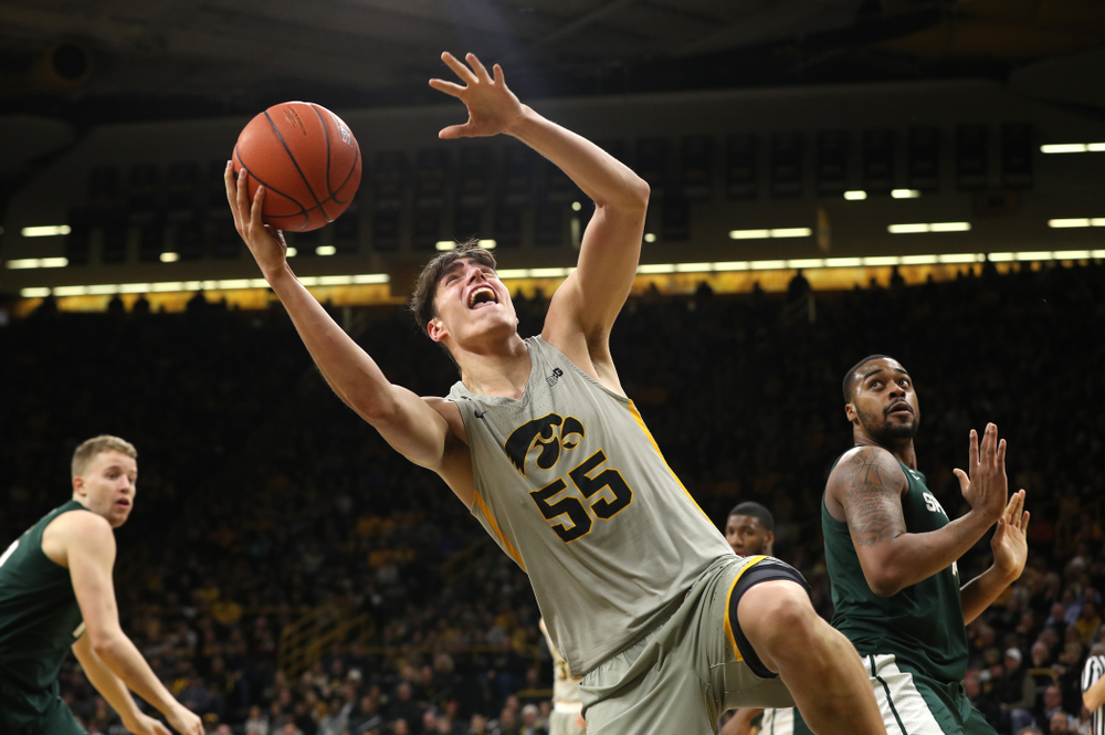 Iowa Hawkeyes forward Luka Garza (55) against the Michigan State Spartans Thursday, January 24, 2019 at Carver-Hawkeye Arena. (Brian Ray/hawkeyesports.com)