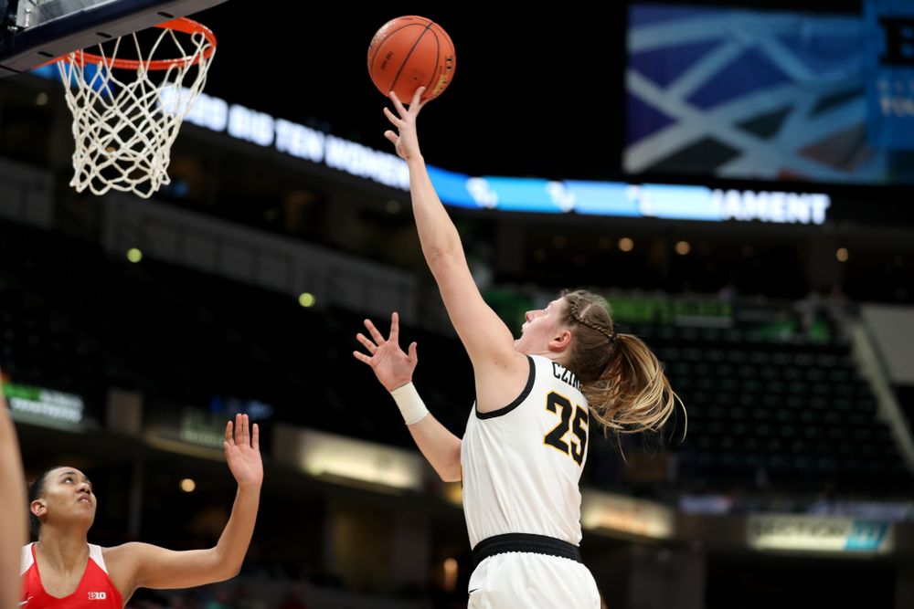Iowa Hawkeyes forward/center Monika Czinano (25) against Ohio State in the quarterfinals of the Big Ten Basketball Tournament Friday, March 6, 2020 at Bankers Life Fieldhouse in Indianapolis. (Brian Ray/hawkeyesports.com)