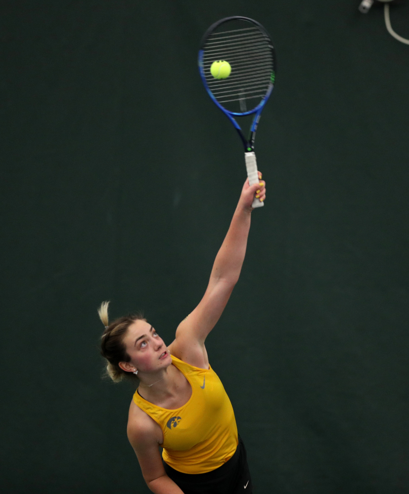 Iowa's Sophie Clark against the Iowa State Cyclones Friday, February 8, 2019 at the Hawkeye Tennis and Recreation Complex. (Brian Ray/hawkeyesports.com)
