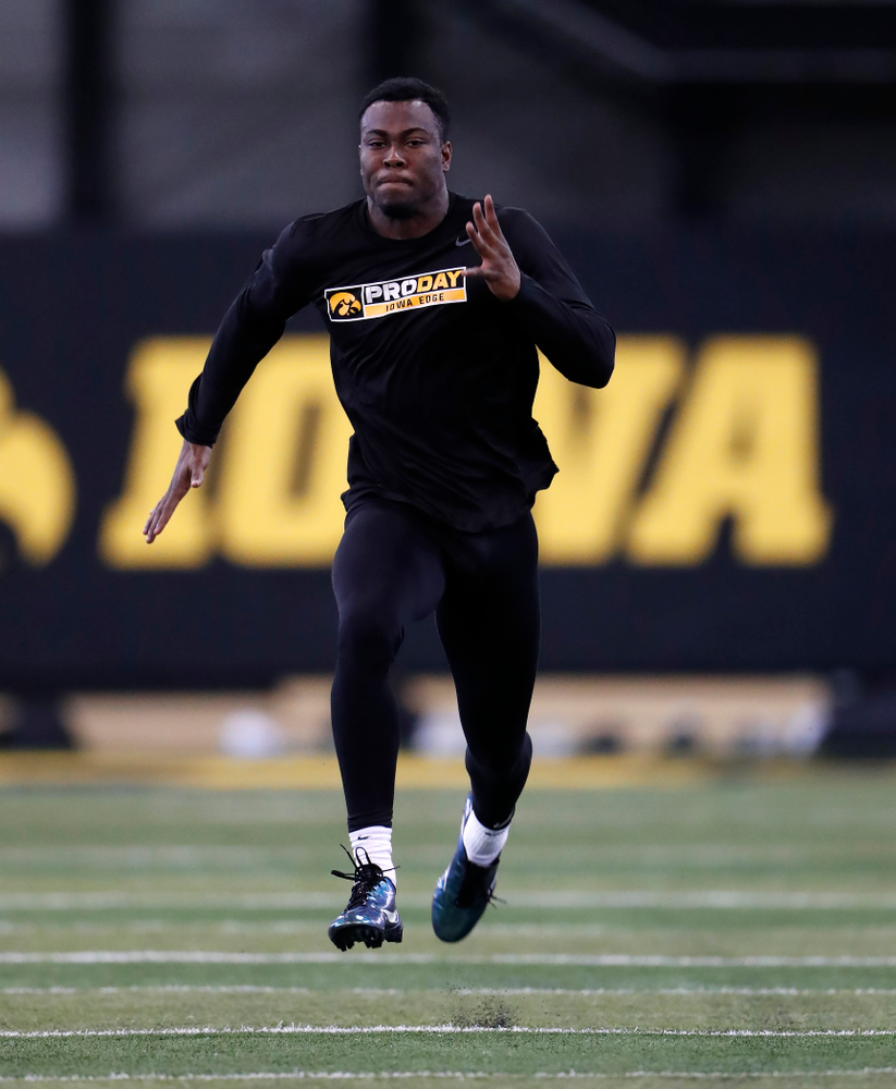 Iowa Hawkeyes defensive back Joshua Jackson (15) during the team's annual pro day Monday, March 26, 2018 at the Hansen Football Performance Center. (Brian Ray/hawkeyesports.com)