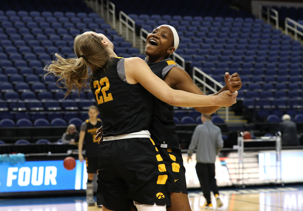 Iowa Hawkeyes guard Kathleen Doyle (22) and guard Zion Sanders (24) during media and practice as they prepare for their Sweet 16 matchup against NC State Friday, March 29, 2019 at the Greensboro Coliseum in Greensboro, NC.(Brian Ray/hawkeyesports.com)