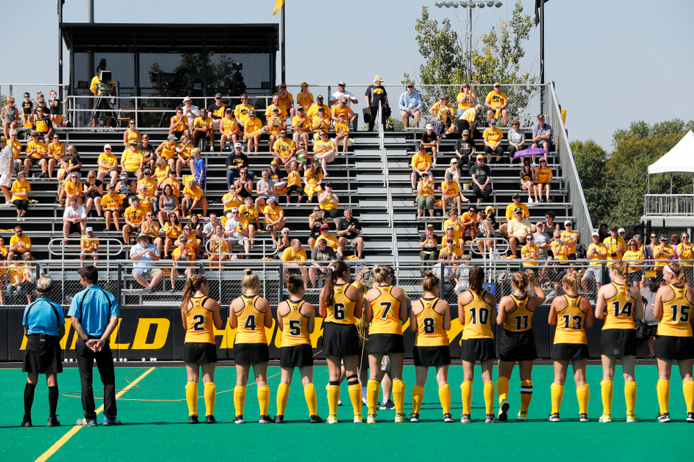 The Iowa Hawkeyes stand for the National Anthem and introductions before their game against Indiana Sunday, September 16, 2018 at Grant Field. (Brian Ray/hawkeyesports.com)