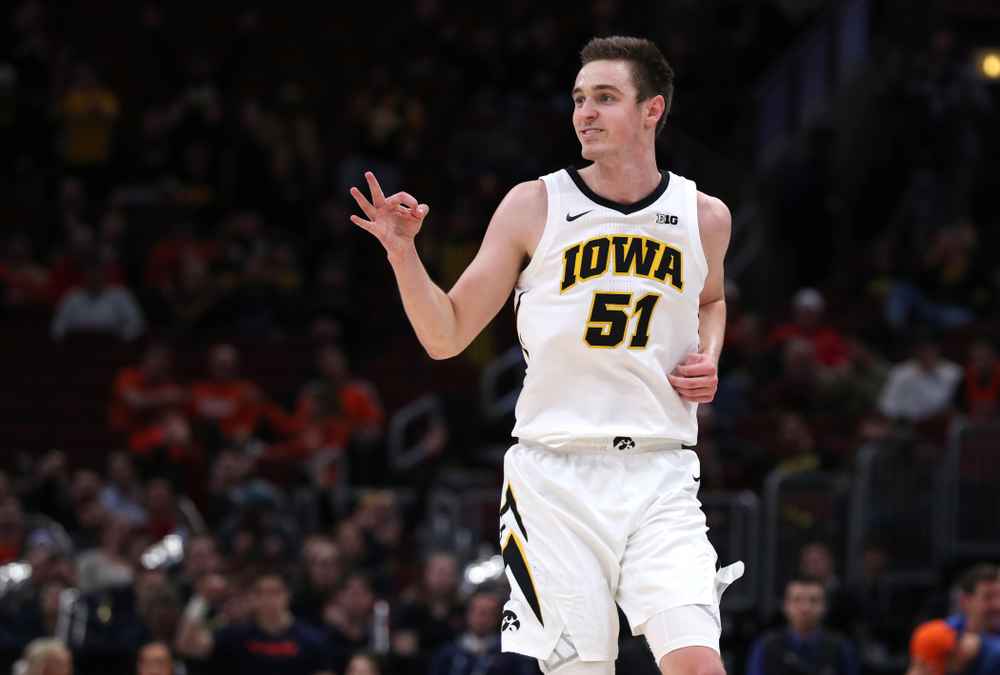 Iowa Hawkeyes forward Nicholas Baer (51) against the Illinois Fighting Illini in the 2019 Big Ten Men's Basketball Tournament Thursday, March 14, 2019 at the United Center in Chicago. (Brian Ray/hawkeyesports.com)