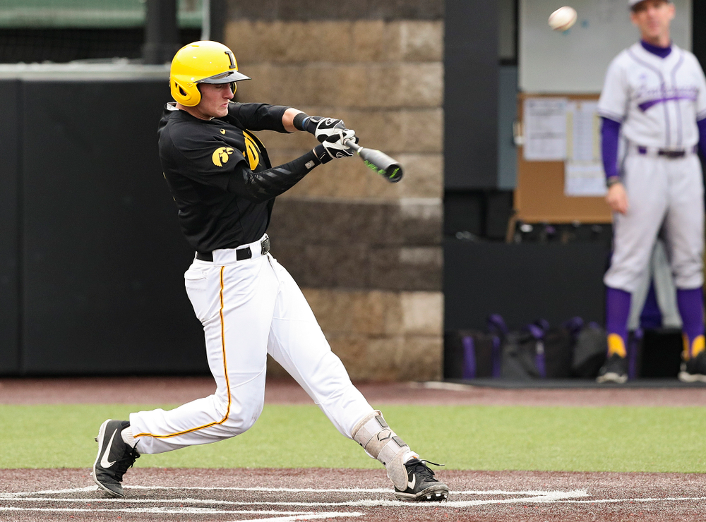 Iowa Hawkeyes second baseman Brendan Sher (2) hits a triple during the second inning of their game against Western Illinois at Duane Banks Field in Iowa City on Wednesday, May. 1, 2019. (Stephen Mally/hawkeyesports.com)