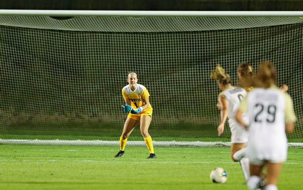 Iowa goalkeeper Claire Graves (1) shouts out instructions as she keeps her eyes on the ball during the second half of their match against Western Michigan at the Iowa Soccer Complex in Iowa City on Thursday, Aug 22, 2019. (Stephen Mally/hawkeyesports.com)