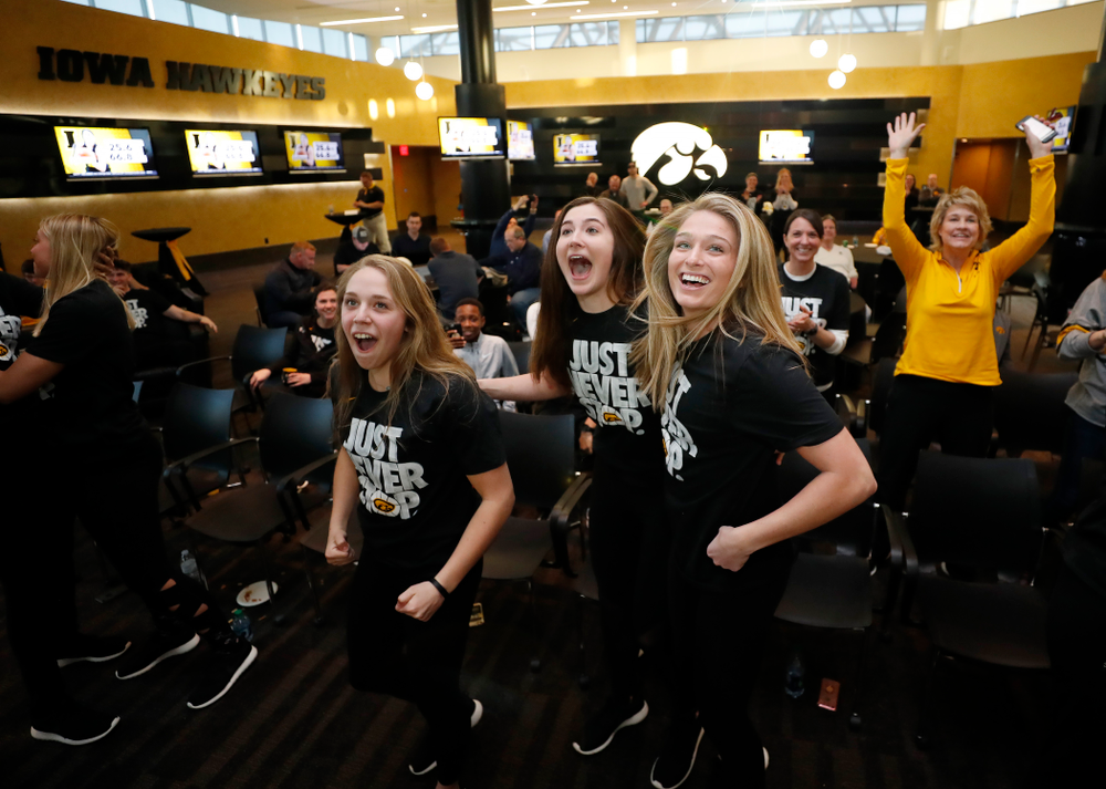 The Iowa Hawkeyes celebrate after finding out their seed in the 2018 NCAA Women's Basketball Tournament