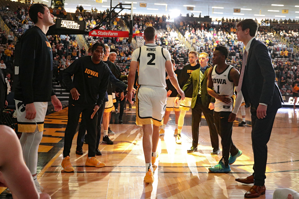 Iowa Hawkeyes forward Jack Nunge (2) is introduced before their game at Carver-Hawkeye Arena in Iowa City on Sunday, Nov 24, 2019. (Stephen Mally/hawkeyesports.com)