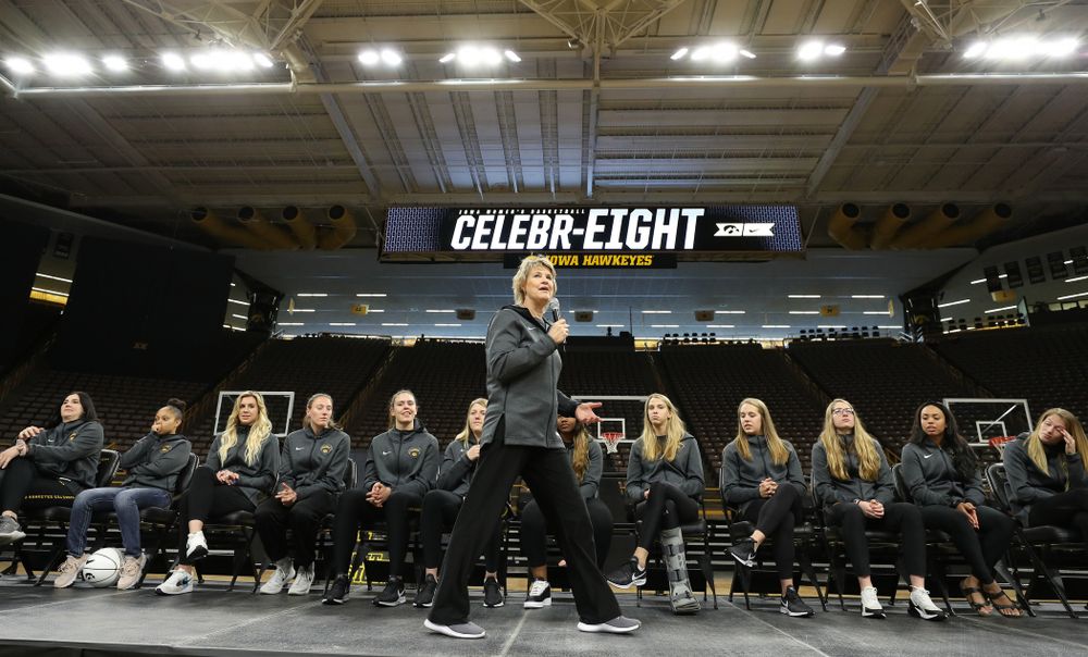 Iowa Hawkeyes head coach Lisa Bluder addressed the crowd during the teamÕs Celebr-Eight event Wednesday, April 24, 2019 at Carver-Hawkeye Arena. (Brian Ray/hawkeyesports.com)