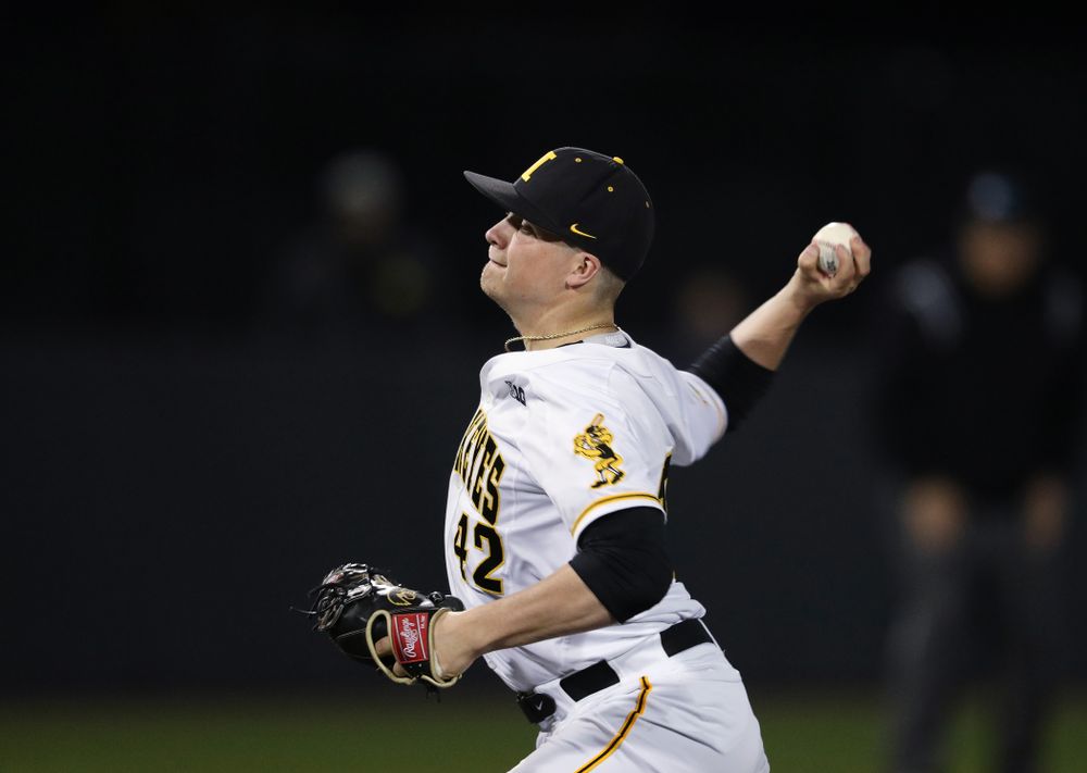 Iowa Hawkeyes Trace Hoffman (42) during game one against UC Irvine Friday, May 3, 2019 at Duane Banks Field. (Brian Ray/hawkeyesports.com)