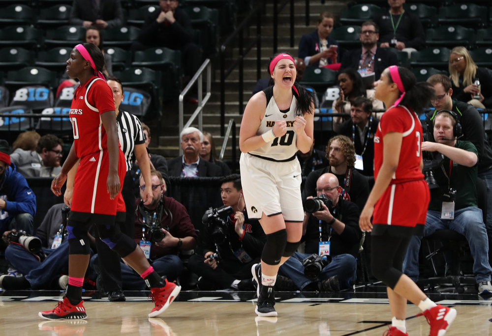 Iowa Hawkeyes forward Megan Gustafson (10) against the Rutgers Scarlet Knights in the semi-finals of the Big Ten Tournament Saturday, March 9, 2019 at Bankers Life Fieldhouse in Indianapolis, Ind. (Brian Ray/hawkeyesports.com)