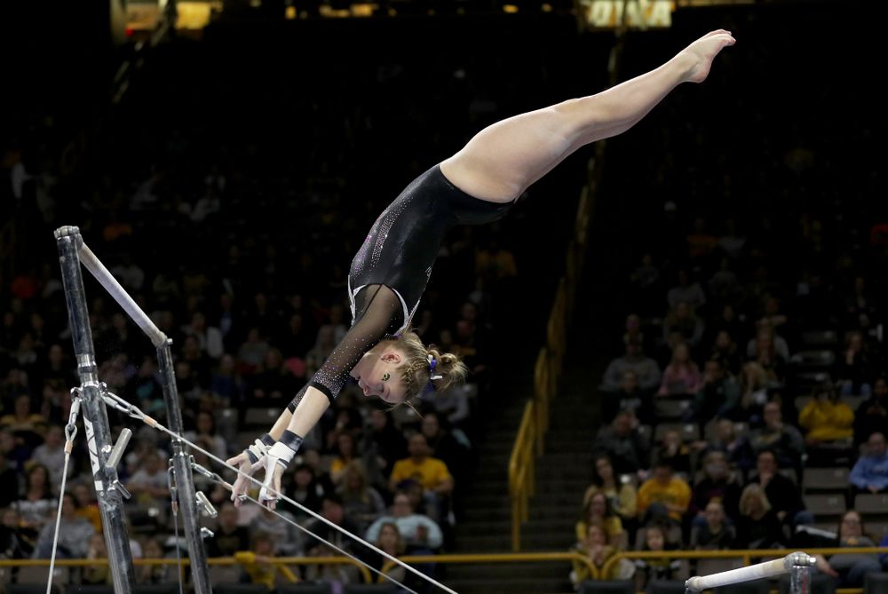 Iowa’s Allyson Steffensmeier competes on the bars against Michigan State Saturday, February 1, 2020 at Carver-Hawkeye Arena. (Brian Ray/hawkeyesports.com)