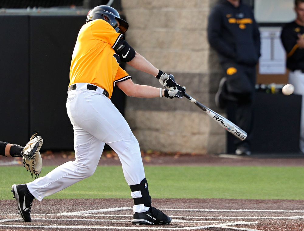 Iowa’s Zeb Adreon (5) hits a 2-run double during the third inning of the first game of the Black and Gold Fall World Series at Duane Banks Field in Iowa City on Tuesday, Oct 15, 2019. (Stephen Mally/hawkeyesports.com)