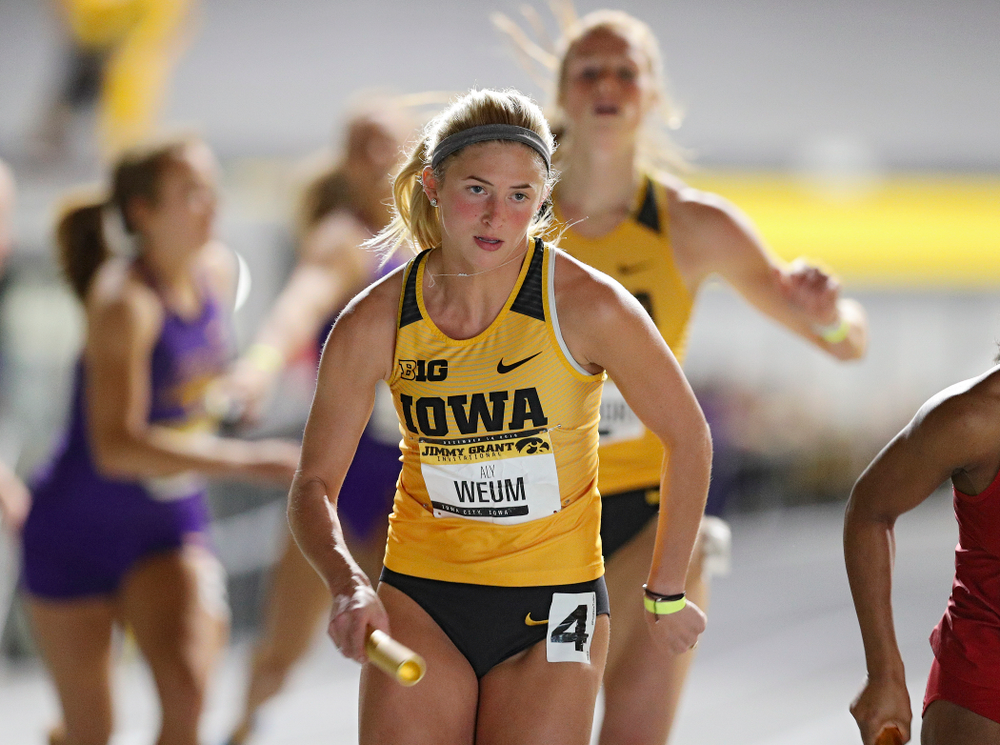 Iowa’s Aly Weum runs the women’s 1600 meter relay event during the Jimmy Grant Invitational at the Recreation Building in Iowa City on Saturday, December 14, 2019. (Stephen Mally/hawkeyesports.com)