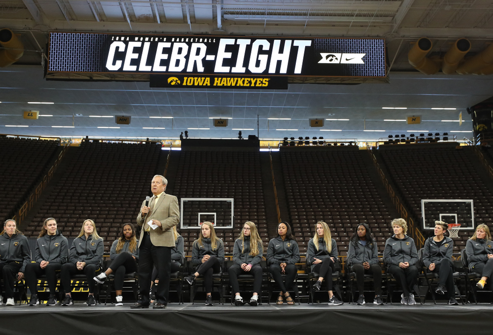 University of Iowa President Bruce Harreld speaks during the Iowa WomenÕs Basketball Celebr-Eight event Wednesday, April 24, 2019 at Carver-Hawkeye Arena. (Brian Ray/hawkeyesports.com)