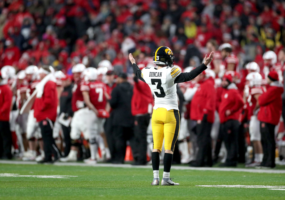 Iowa Hawkeyes place kicker Keith Duncan (3) kicks the game winning field goal against the Nebraska Cornhuskers Friday, November 29, 2019 at Memorial Stadium in Lincoln, Neb. (Brian Ray/hawkeyesports.com)