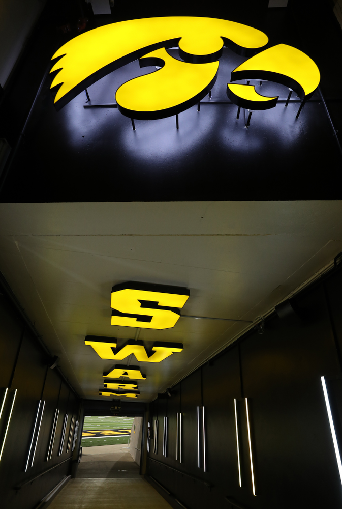 The Hawkeye Football Team sees the updates to their entrance tunnel at Kinnick Stadium for the first time Thursday, August 22, 2019 in Iowa City. (Brian Ray/hawkeyesports.com)