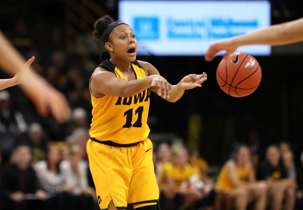 Iowa Hawkeyes guard Tania Davis (11) against the Robert Morris Colonials Sunday, December 2, 2018 at Carver-Hawkeye Arena. (Brian Ray/hawkeyesports.com)