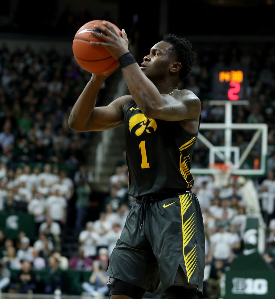 Iowa Hawkeyes guard Joe Toussaint (1) against Michigan State Tuesday, February 25, 2020 at the Breslin Center in East Lansing, MI. (Brian Ray/hawkeyesports.com)