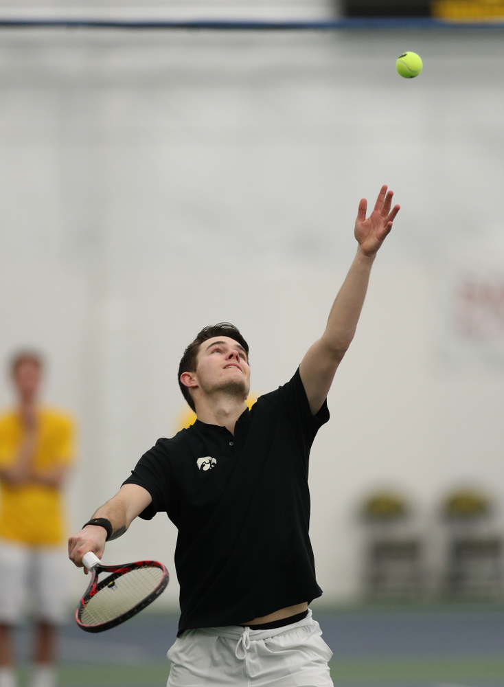Jonas Larsen against Utah Sunday, February 10, 2019 at the Hawkeye Tennis and Recreation Complex. (Brian Ray/hawkeyesports.com)