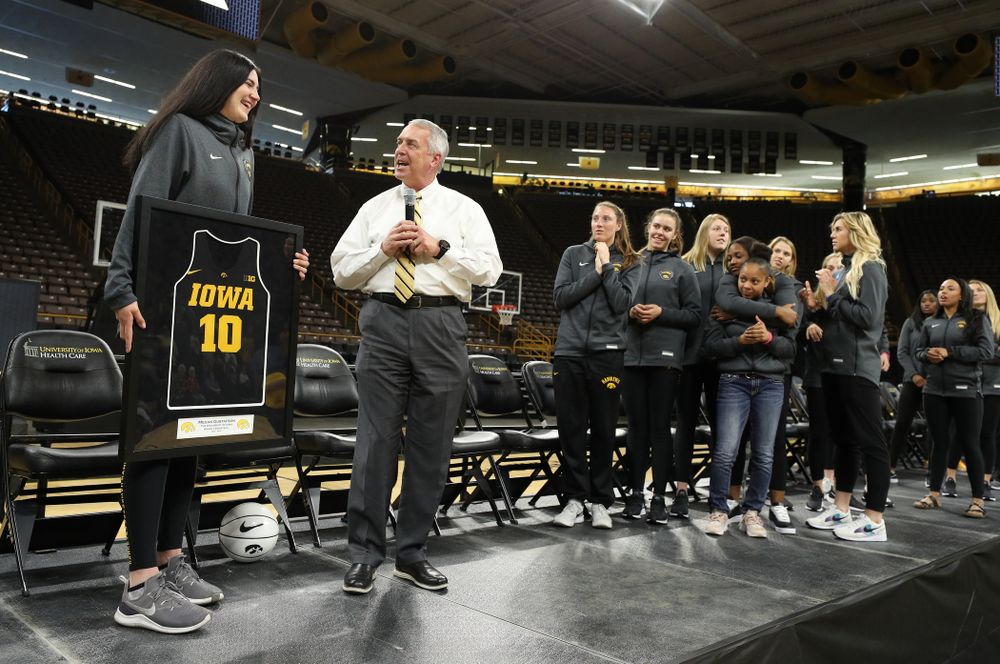 Henry B. and Patricia B. Tippie Director of Athletics Chair announces that the jersey of Iowa Hawkeyes forward Megan Gustafson (10) will be retired at a ceremony next season during the teamÕs Celebr-Eight event Wednesday, April 24, 2019 at Carver-Hawkeye Arena. (Brian Ray/hawkeyesports.com)