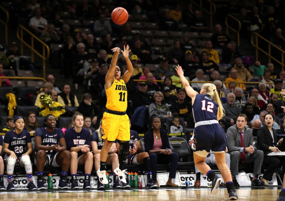 Iowa Hawkeyes guard Tania Davis (11) against the Robert Morris Colonials Sunday, December 2, 2018 at Carver-Hawkeye Arena. (Brian Ray/hawkeyesports.com)