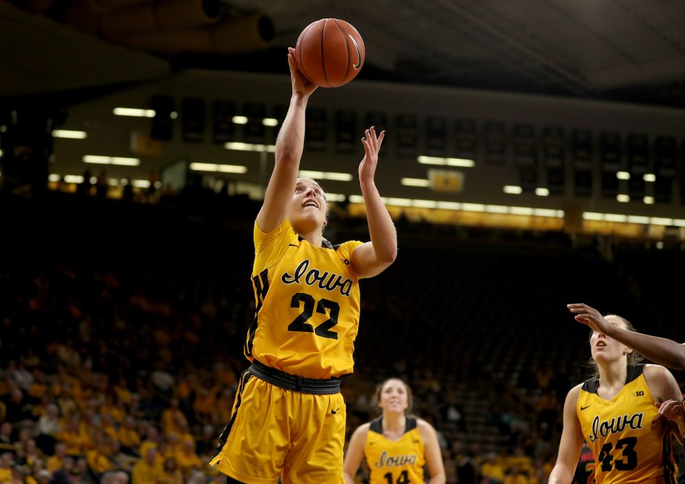 Iowa Hawkeyes guard Kathleen Doyle (22) against the Maryland Terrapins Thursday, January 9, 2020 at Carver-Hawkeye Arena. (Brian Ray/hawkeyesports.com)