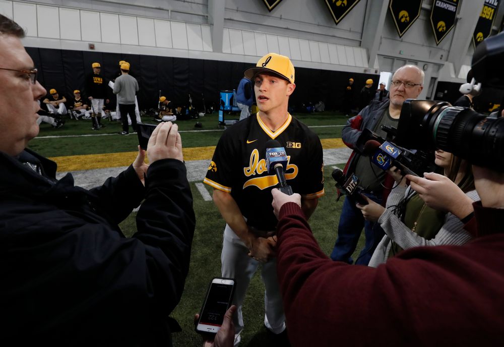 Iowa Hawkeyes catcher Tyler Cropley (5) answers questions from reporters during the team's annual media day Thursday, February 8, 2018 in the indoor practice facility. (Brian Ray/hawkeyesports.com)