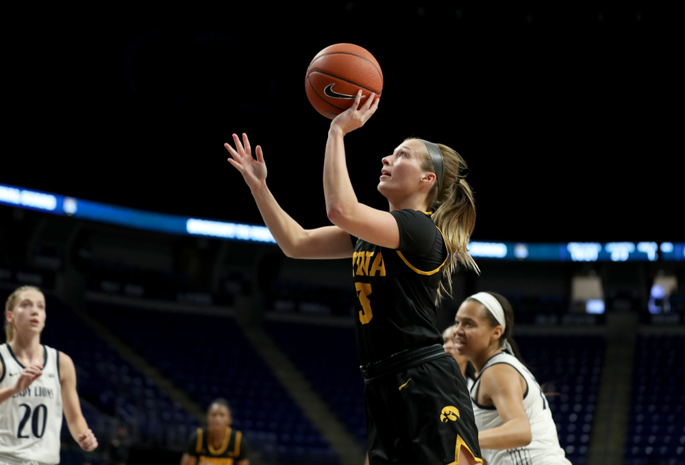 Iowa Hawkeyes guard Makenzie Meyer (3) against the Penn State Nittany Lions Thursday, January 30, 2020 at the Bryce Jordan Center. (Brian Ray/hawkeyesports.com)