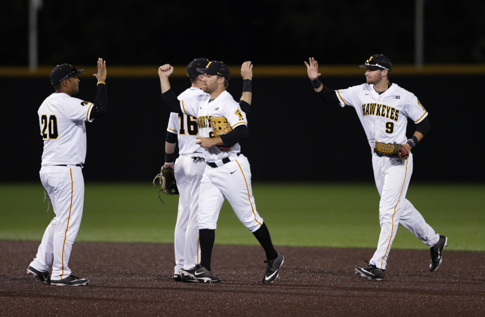 Iowa Hawkeyes outfielder Justin Jenkins (6) and Izaya Fullard (20) against the Michigan State Spartans Friday, May 10, 2019 at Duane Banks Field. (Brian Ray/hawkeyesports.com)