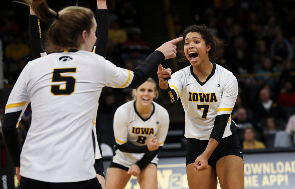 Iowa Hawkeyes setter Brie Orr (7) celebrates after winning a point during a match against Maryland at Carver-Hawkeye Arena on November 23, 2018. (Tork Mason/hawkeyesports.com)