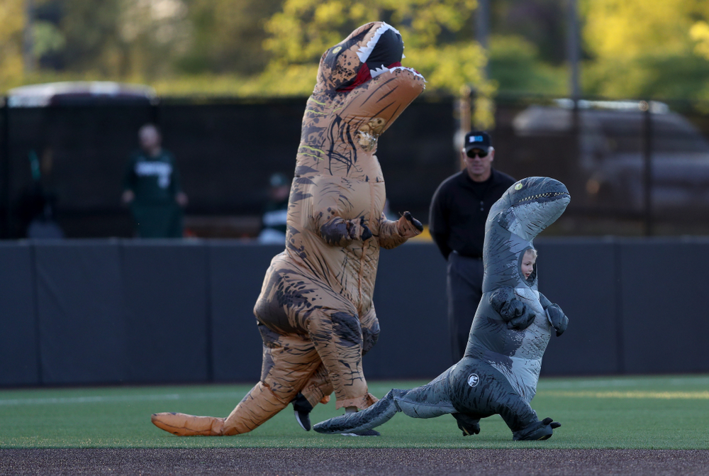 Connor Gorzelanny runs the dinosaur race during the Iowa Hawkeyes game against the Michigan State Spartans Friday, May 10, 2019 at Duane Banks Field. (Brian Ray/hawkeyesports.com)