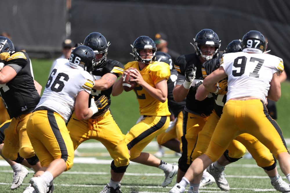 Iowa Hawkeyes quarterback Peyton Mansell (2) during Fall Camp Practice No. 5 Tuesday, August 6, 2019 at the Ronald D. and Margaret L. Kenyon Football Practice Facility. (Brian Ray/hawkeyesports.com)