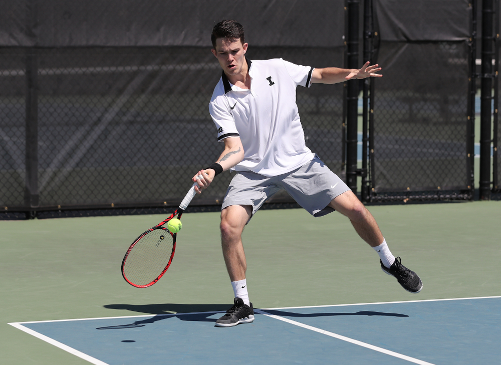 IowaÕs Kareem Allaf and Jonas Larsen play a doubles match against the Michigan Wolverines Sunday, April 21, 2019 at the Hawkeye Tennis and Recreation Complex. (Brian Ray/hawkeyesports.com)