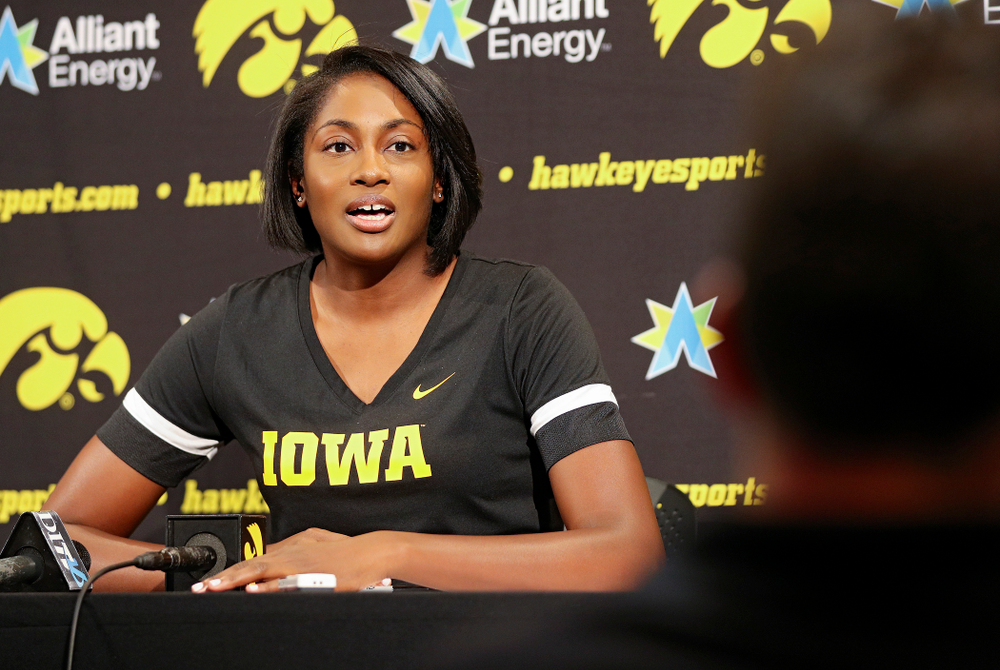 Iowa interim head coach Vicki Brown answers questions during Iowa Volleyball’s Media Day at Carver-Hawkeye Arena in Iowa City on Friday, Aug 23, 2019. (Stephen Mally/hawkeyesports.com)