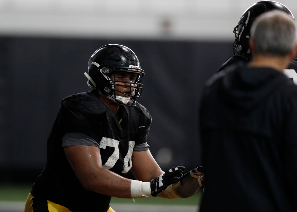 Iowa Hawkeyes offensive lineman Tristan Wirfs (74) during spring practice Thursday, March 29, 2018 at the Hansen Football Performance Center. (Brian Ray/hawkeyesports.com)