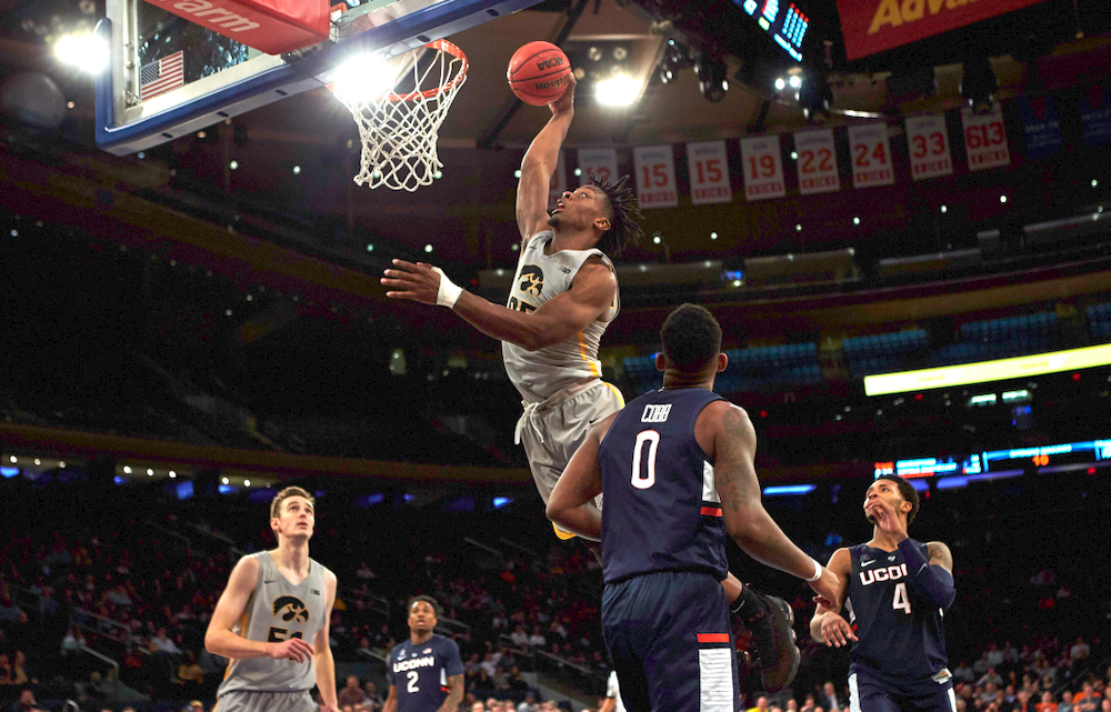 Iowa Hawkeyes forward Tyler Cook (25) against UConn in the Championship game of the 2K Empire Classic Friday, November 16, 2018 at Madison Square Garden in New York City. (Duncan H.Williams/Freelance)
