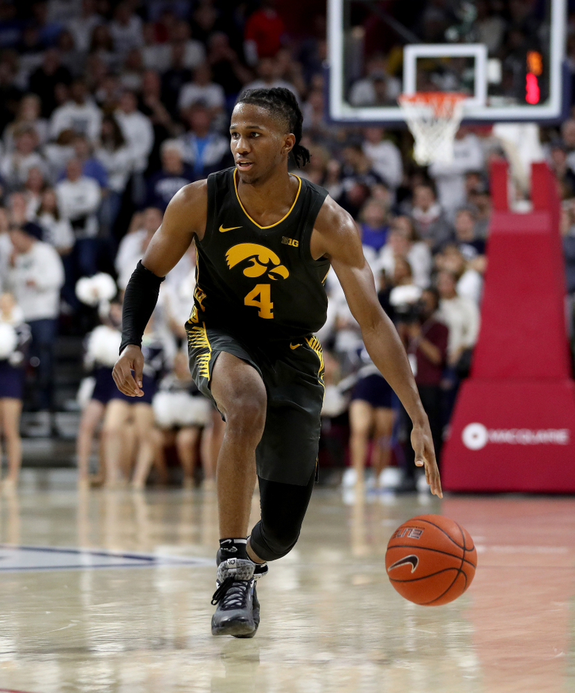Iowa Hawkeyes guard Bakari Evelyn (4) against Penn State Saturday, January 4, 2020 at the Palestra in Philadelphia. (Brian Ray/hawkeyesports.com)