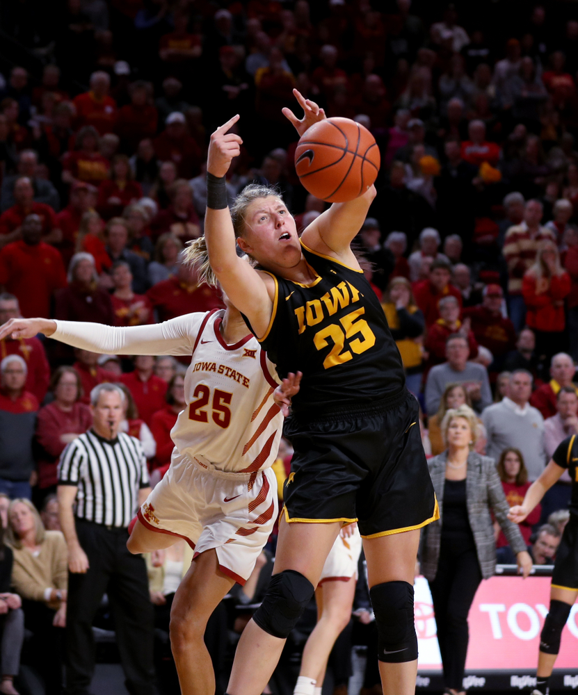 Iowa Hawkeyes forward/center Monika Czinano (25) against the Iowa State Cyclones Wednesday, December 11, 2019 at Hilton Coliseum in Ames, Iowa(Brian Ray/hawkeyesports.com)