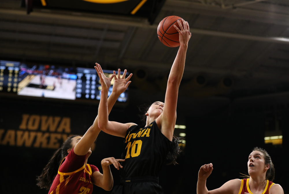 Iowa Hawkeyes forward Megan Gustafson (10) against the Iowa State Cyclones in the Iowa Corn Cy-Hawk Series Wednesday, December 5, 2018 at Carver-Hawkeye Arena. (Brian Ray/hawkeyesports.com)