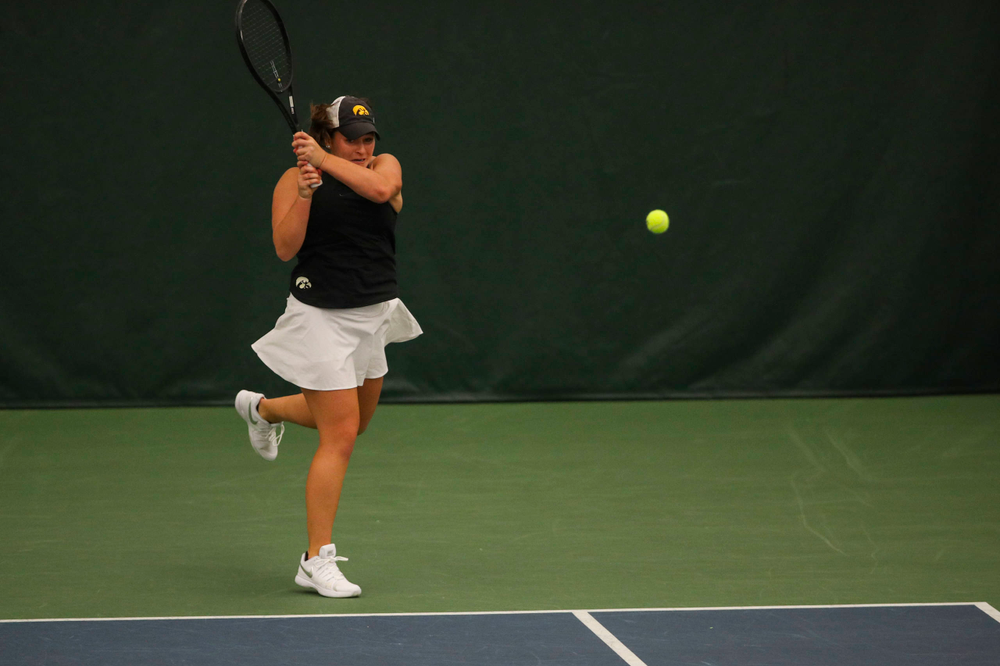 IowaÕs Danielle Bauers at womenÕs tennis senior day vs Nebraska on Saturday, April 13, 2019 at the Hawkeye Tennis and Recreation Complex. (Lily Smith/hawkeyesports.com)