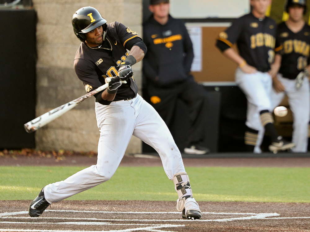 Iowa infielder Lorenzo Elion (1) bats during the fourth inning of the first game of the Black and Gold Fall World Series at Duane Banks Field in Iowa City on Tuesday, Oct 15, 2019. (Stephen Mally/hawkeyesports.com)