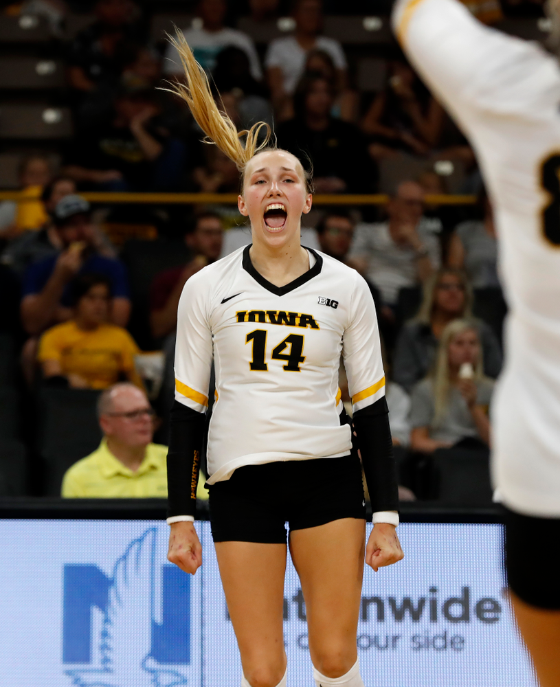 Iowa Hawkeyes outside hitter Cali Hoye (14) against Eastern Illinois Sunday, September 9, 2018 at Carver-Hawkeye Arena. (Brian Ray/hawkeyesports.com)